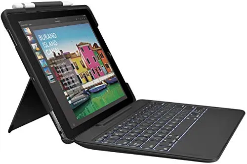 Logitech Slim Combo Tastatur für iPad Pro – Blau QWERTY - Hochleistungs-Tastatur und Schutzhülle für iPad Pro mit 4 Verwendungsmodi: Tippen, Anzeigen, FaceTime und Lesen. Abnehmbare Tastatur für ein komfortables Tippenerlebnis.
