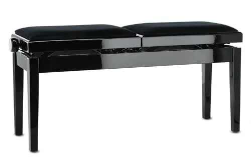 GEWA Pianobank Deluxe Double, schwarz Hochglanz - Robuste Pianobank aus Massivholz mit individueller Sitzhöhenverstellung von 48,5 bis 56 cm. Der elegante Veloursbezug sorgt für hohen Sitzkomfort. Ideal für Musiker, die Wert auf Stabilität und Stil legen.