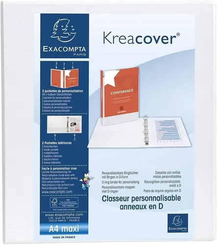 Exacompta 51843E Präsentationsringbuch KreaCover aus blickdichtem Kunststoff für DIN A4, 4-D Ring Mechanik 40 mm, Rücken 64 mm, weiß ideal für Schule und Büro Ringhefter Ringordner Ringbuchordner