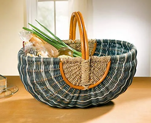 Dekoleidenschaft Rattan Einkaufskorb, blau/natur - Einkaufskorb aus geflochtenem Rattan, ideal für Picknicks oder als Aufbewahrungskorb, mit einem Hauptfach und stilvollem Design.