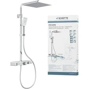 Schütte Duschsystem Ocean mit Armatur, verchromt - Brausegarnituren mit eckiger Regendusche (30x30 cm) und gradgenauer Temperatureinstellung für ein sicheres Duscherlebnis. Inklusive Handbrause mit 3 Strahlarten und wassersparender Dichtung.