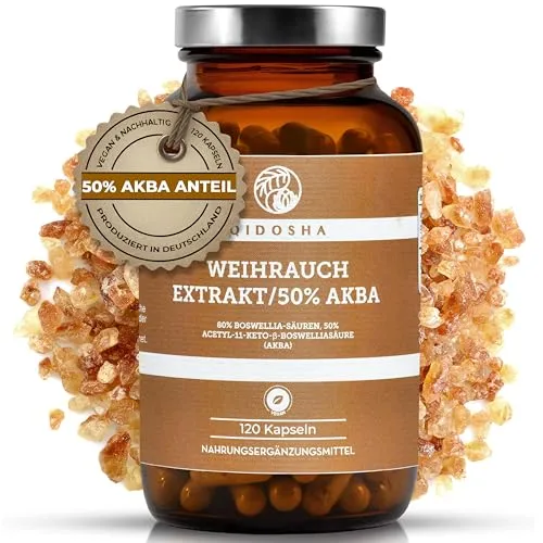 QIDOSHA® Weihrauch AKBA Kapseln – Höchster AKBA-Gehalt am Markt - Boswellia Serrata Kapseln mit 125mg reinem AKBA pro Kapsel und 80% Boswellia-Säuren. 100% natürlich, ohne chemische Lösungsmittel und in lichtgeschütztem Braunglas verpackt.