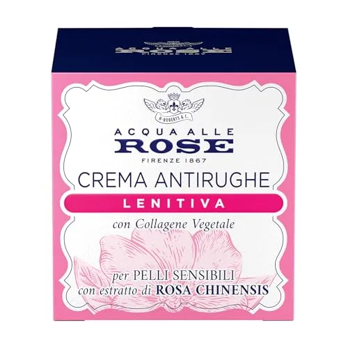 Acqua alle Rose, Beruhigende Anti-Falten-Gesichtscreme mit pflanzlichem Kollagen von Rose Chinensis, geeignet für empfindliche oder trockene Haut, stark gegen Falten und sanft zur Haut, 50 ml