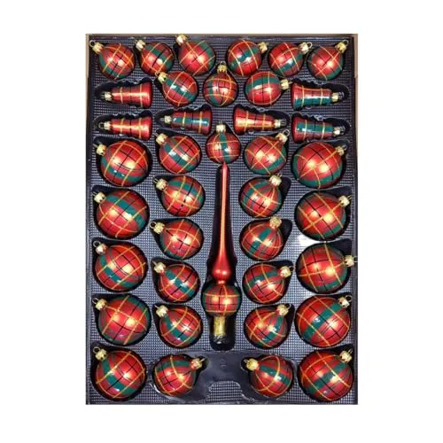 Exklusives 40-teilige Christbaumschmuck Set Karo - Weihnachtsbaumkugeln aus mundgeblasenem Glas, handgefertigt in Thüringen, bringen festlichen Glanz in Ihr Zuhause.