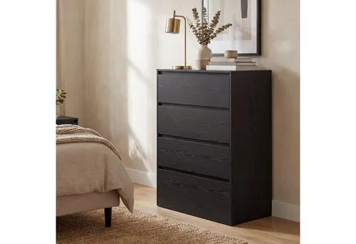 VASAGLE Kommode mit 4 Schubladen, platzsparend und modern in Schwarz - Elegante Kommode mit 4 geräumigen Schubladen für die stilvolle Aufbewahrung von Kleidung und Accessoires. Ideal für kleine Räume, bietet sie durch ihr minimalistisches Design eine moderne Lösung für jedes Zuhause.