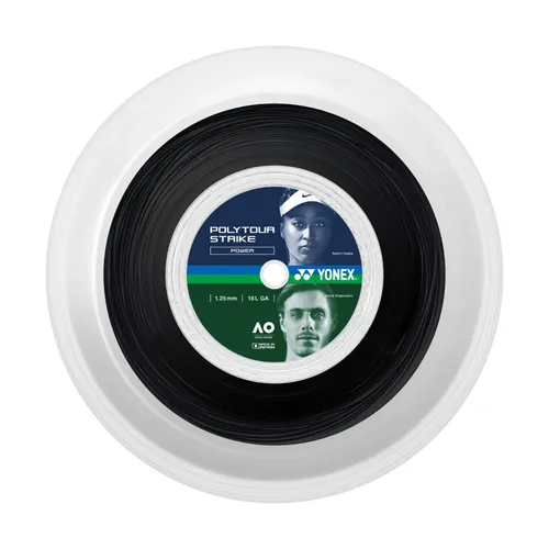 Yonex Poly Tour Strike Tennissaite 200m Rolle - Hochwertige Tennissaite für Offensivspieler, bietet Haltbarkeit und Kontrolle auch bei extremer Beanspruchung. Saitendicke: 1.30mm, Farbe: schwarz.