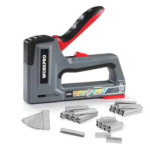 WORKPRO Profi Handtacker Set Heavy Duty - 6 in 1 mit 4000 Klammern - Tacker für vielseitige Anwendungen, einstellbare Schusskraft und ergonomischer Griff für maximalen Komfort bei Renovierungen, Möbelbau und Dekoration.