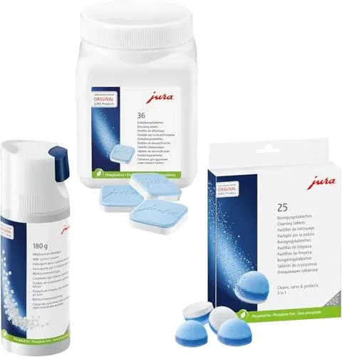 Jura Starter Pack mit 25 Reinigungstabletten, 36 Entkalkungstabletten und 180g Milchsystem-Reiniger - Vielseitiges Starter-Paket für die Pflege Ihres Kaffeevollautomaten. Enthält 25 Reinigungstabletten, 36 Entkalkungstabletten und 180g Milchsystem-Reiniger für optimale Ergebnisse und einfache Anwendung.