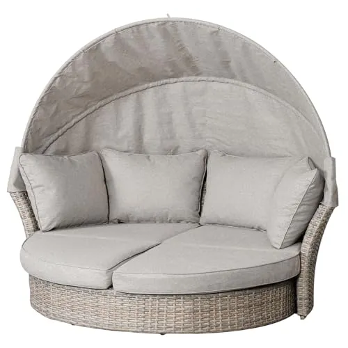 Riess Ambiente Drehbare Sonneninsel Seattle - 195cm - Taupe mit Sonnendach und Kissen - Wetterfeste Sonneninsel aus Polyrattan mit abnehmbarem Sonnendach für flexiblen Schatten. Alle Kissenbezüge sind waschbar. Ideal für entspannte Stunden im Garten!