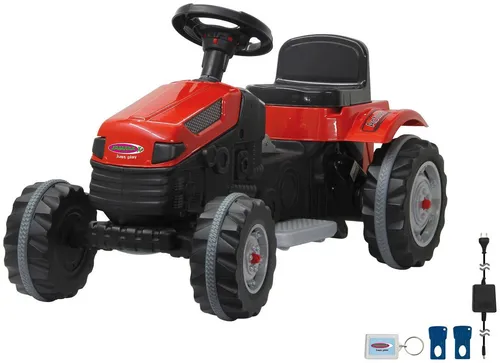 JAMARA Ride-on Traktor Strong Bull rot 6V - Elektrofahrzeug für Kinder, mit einer Fahrzeit von bis zu 90 Minuten und einer Höchstgeschwindigkeit von 5 km/h, ideal für sicheres Spielvergnügen im Garten.