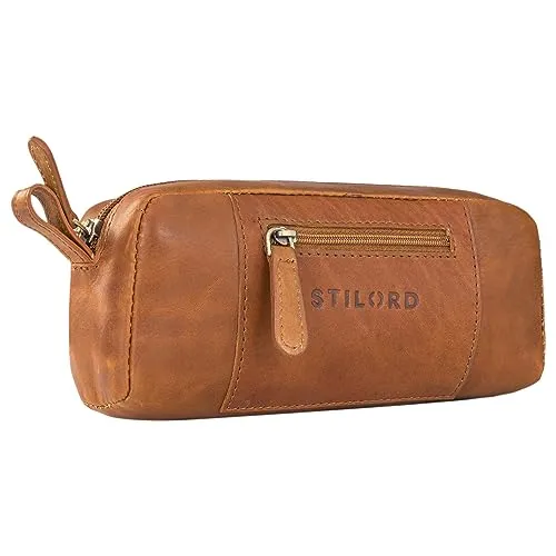 STILORD 'Ted' Kleines Etui Leder Vintage Federmäppchen Schlamperrolle Federmappe Schlampermäppchen Stifterolle Federtasche Federpenal Lederetui für Stifte Echtleder, Farbe:Cognac - braun