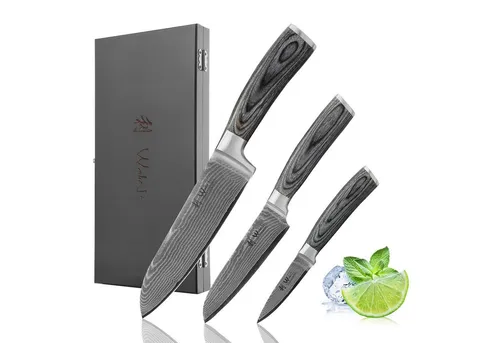 3er Damastmesserset in Holzbox von Wakoli