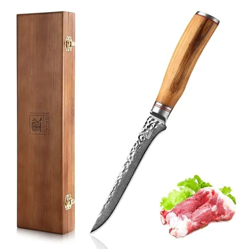 Zayiko Ausbeinmesser 16,5 cm aus Damaststahl - Küchenmesser mit 16,5 cm Klinge aus 67 Lagen Damaststahl, ergonomischer Olivenholzgriff für komfortables Arbeiten und lange Schärfe.
