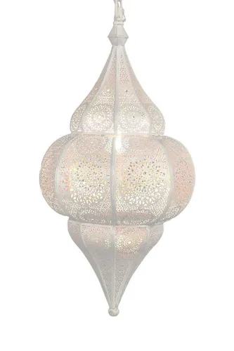 Orientalische Lampe Hängelampe E27 Lunar Weiß 40cm - Hochwertige Hängeleuchte aus Metall mit traditionellem Design, ideal für moderne und klassische Räume. Einfache Handhabung durch Türchen zum Birnenwechsel. Größe: 40x20cm, EU-konforme Elektrik inklusive.