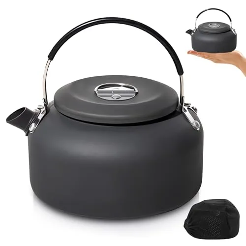 PORFOYO Wasserkessel 1.4L Camping Wasserkocher, Tragbare Campingkessel mit Anti Heißgriff, Teekessel Camping, Ideal für Kochen, Edelstahl Wasserkocher für Picknick