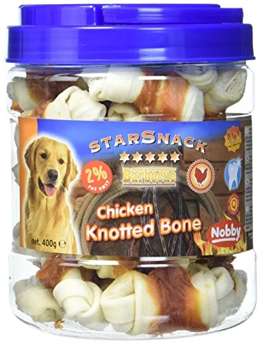 Nobby STARSNACK Barbecue Chicken Knotted Bone Dose 400 g - Kauspielzeug für Hunde, kalorienarm und zahnpflegend in praktischer Vorratsdose