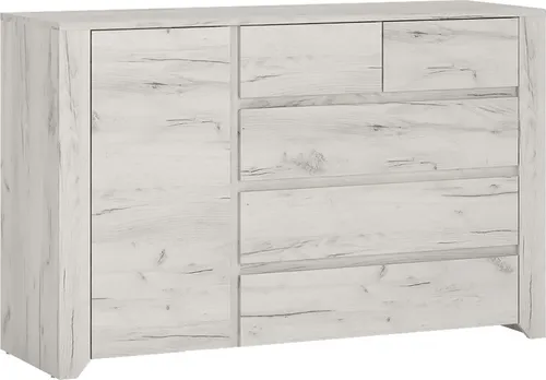 Lomadox Kommode AMANTEA-129 in Craft Eiche Weiß, 119 cm - Moderne Kommode AMANTEA-129 in Craft Eiche Weiß, ideal für Jugend- und Schlafzimmer. Mit 5 Schubladen und grifflosen Fronten bietet sie eleganten Stauraum und passt perfekt zu deinem Einrichtungsstil.