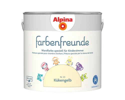 Alpina Farbenfreunde – Nr. 23 Kükengelb - Wandfarbe für Kinderzimmer, lösemittel- und konservierungsmittelfrei für ein gesundes Raumklima. Ideal für harmonische Farbtöne, 2,5L für ca. 20-25m², ausgezeichnet mit dem Blauen Engel.