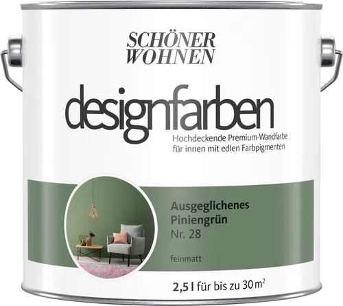 Wandfarbe Designfarbe Grün - Ausgeglichenes Piniengrün von Schöner Wohnen 2,5L - Hochwertige Innenfarbe in seidenmattem Grün, die bereits mit einer Schicht perfekt deckt und UV-beständig ist. Ideal für alle Zimmer, schnelle Trocknung nach 6 Stunden.