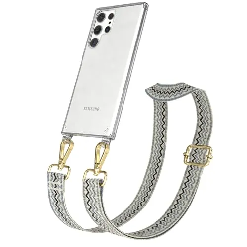EAZY CASE Handykette - Verstellbares Taschenband kompatibel mit Galaxy S22 Ultra 5G, Schulterriemen, Handykordel mit Silikon Hülle, Umhängetasche, Beige Blau Gold