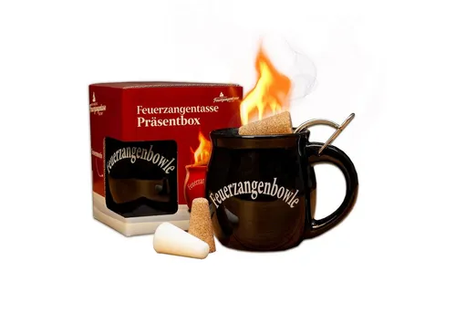 Feuerzangentasse Bowle-Set Feuerzangentasse 1er-Set (Feuerzangenbowle Set, 5-tlg., 1x Feuerzangentasse, 3x Zimtzuckerhütchen, 1x Rezeptheftchen), hitzebeständige Keramik, Edelstahl-Feuerzange