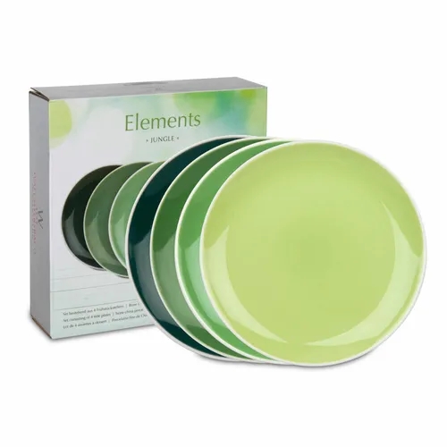 Waechtersbach Germany 4er Frühstücksteller Ø 19 cm - Elements Jungle - Ein Set aus 4 farbenfrohen Frühstückstellern aus leichtem Bone China, inspiriert von der Natur. Perfekt für Naturliebhaber und als Geschenk für Freunde und Familie.