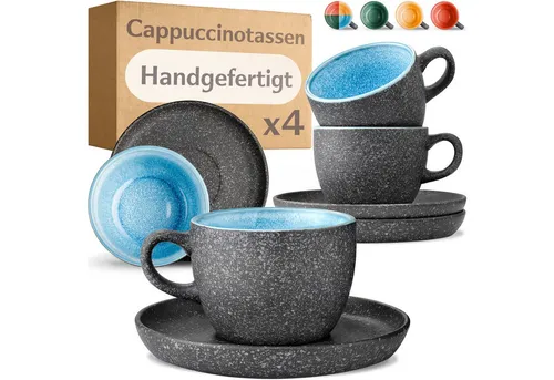 Cosumy Cappuccinotasse Cosumy Cappuccino Tassen mit Untertassen 4er Set blau, Keramik, Warm