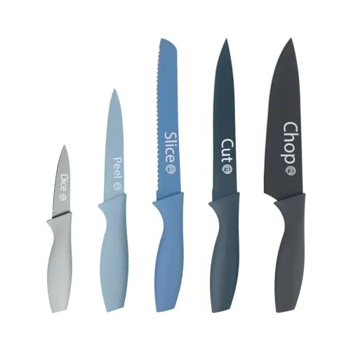 MasterChef Messer Set, Messerset mit Küchenmesser, Kochmesser, Brotmesser, Schälmesser & Allzweckmesser, Schneidemesser Küche Set, Scharfe Messer mit Edelstahlklingen, Softgriff, 5-teilig, Blau