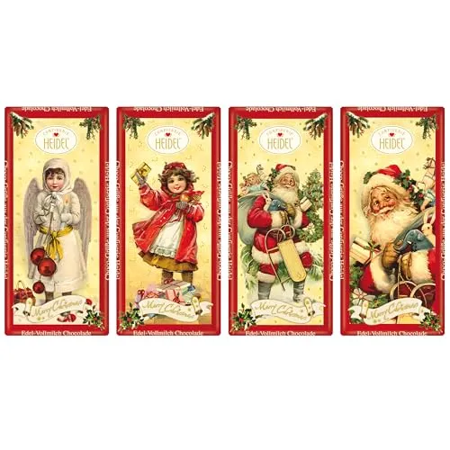 Confiserie Heidel Weihnachtsschokolade – 4 Mini Edel Vollmilch Schoko Tafel (je 30g) – Nostalgische Motive mit Weihnachtsmann, Engel & Kindern – Schokolade für Weihnachten, Nikolaus, Adventskalender