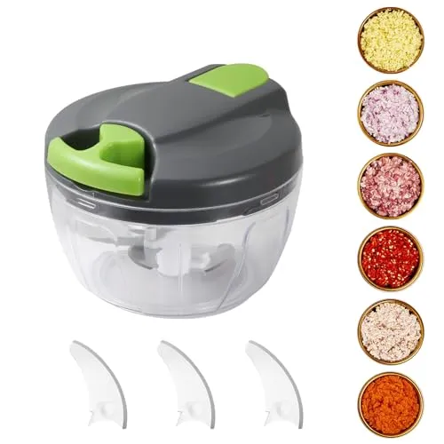 FHISKUNYU Manueller Zwiebelschneider mit Seilzug, 520 ml Gemüseschneider & Multizerkleinerer, Blitzhacker & Universalhacker für Zwiebeln, Knoblauch, Gemüse & Fleisch, Edelstahlklingen