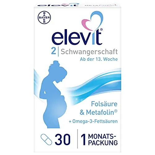 Elevit 2 Schwangerschaft 30 ST - Nahrungsergänzungsmittel für Schwangere, reich an Vitaminen, Mineralstoffen und Omega-3-Fettsäuren, unterstützt die Entwicklung des Babys ab der 13. Schwangerschaftswoche bis zur Stillzeit.