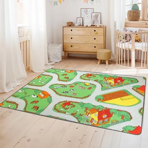 Primaflor Spielteppich Bauernhof - 140x200 cm - Teppich fürs Kinderzimmer mit farbenfrohem Bauernhof-Design, ideal für kreative Spielstunden. Einfach zu reinigen dank Anti-Schmutz-Ausrüstung und geeignet für Fußbodenheizung.