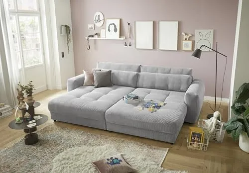 Stella Trading BARURA Big Sofa in Cord-Optik, Dove - Bequeme Wohnzimmer Couch mit großer Liegefläche - Sofas & Couches - Modernes Design mit Cordbezug, komfortable Nosagfederung und flexible Platzierung dank echtem Bezug auf der Rückseite.