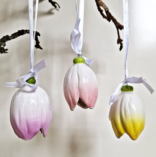 ❀ 3x Blumenhänger Gelb Rosa Lila Weiß Blüte zum Hängen Keramik Blume Glocke 394F