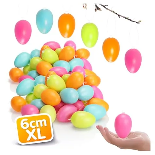 com-four® 72x Ostereier XL zum Aufhängen 6 cm - Osterdeko in sanften pastelligen Farben - Bunte Deko-Eier mit Aufhänger - Kunststoff-Eier für innen und außen