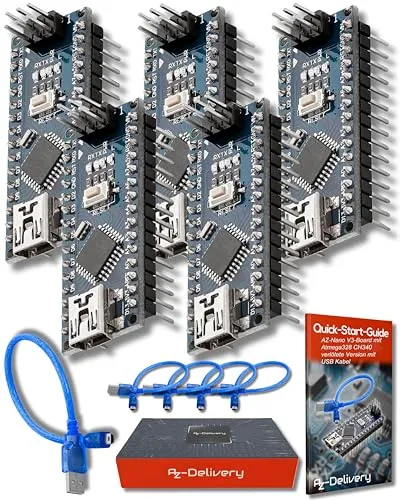 AZDelivery 5 x AZ-Nano V3-Board mit Atmega328 CH340 - Mainboards, kompakte und energiesparende Lösung mit umfangreicher Dokumentation und E-Book für einen schnellen Projektstart.