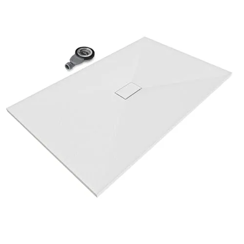 Moments of Glass SMC BOREAL Duschwanne 160x100 cm – extra flache Duschtasse (26 mm), rutschfest & robust, Schieferoptik, inkl. Ablaufgarnitur mit Deckel, Weiß