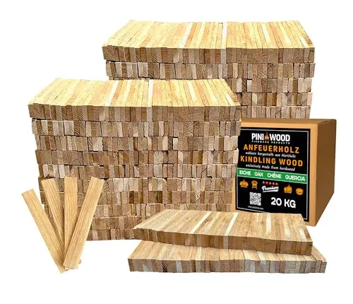 PINI Brennholz Anzünder aus Eichenholz 20 kg - Hochwertiges Anmachholz für Kamin und Grill - Brennholz der PREMIUM Qualität aus 100% Eichenholz, kammergetrocknet für sofortige Einsatzbereitschaft. Ideal für Kamin, Grill und Lagerfeuer mit langanhaltender Glut und ästhetischem Flammenbild.