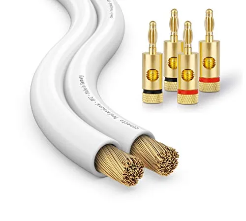 conecto CC50540 OFC Professional Audio Lautsprecherkabel, Querschnitt 2x2,50mm² (99,9% OFC Vollkupfer 78x0,20mm Litze), 15,0m, weiß, Set inkl. 4 Bananenstecker