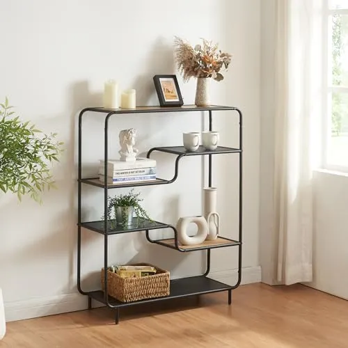 [en.casa] Standregal Kristiansand - 6 Ablagen für stilvolle Präsentation - Bücherregal mit 6 Ablagen, ideal für Wohnzimmer oder Büro. Robustes Metallgestell und MDF-Ablagen sorgen für Langlebigkeit und elegantes Design in Schwarz/Eiche-Optik.