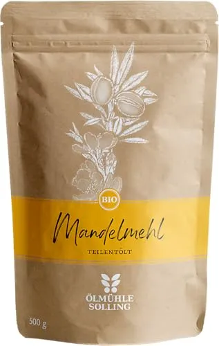 ÖLMÜHLE SOLLING - BIO Mandelmehl ,Vermahlenes Mehl aus teilentölten Bio-Mandeln. Mandelmehl aus kontrolliert biologischem Anbau. Ideal zum Backen und als Zusatz für Müslis , Inhalt: 500 g