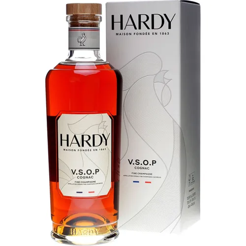 Hardy V.S.O.P Fine Champagne Cognac 40% Vol. 0,7l - Weinbrand in edler Geschenkbox, reift über 8 Jahre in Limousin-Eichenfässern für unvergleichliche Tiefe und Finesse. Ideal für puren Genuss oder Cocktails.