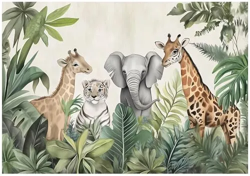 WallArena - Vlies Fototapete Kinderzimmer 200x140 cm Dschungel Tiere - Fototapeten Tapeten für Kinder Mädchen & Jungen - Kindertapete - Kinderzimmertapete Wald Giraffen Elefanten