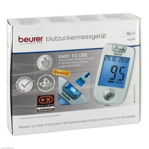 Beurer GL40 Blutzuckermessgerät – codefree - Blutzuckermessgerät mit einfachem Bedienkomfort, beleuchtetem Display und extrabreiten Teststreifen. Ideal für die Eigenanwendung und kompatibel mit Diabass und SiDiary.