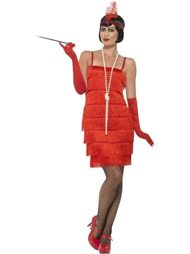 Smiffys Flapper Kostüm in Rot mit Kopfschmuck und Handschuhen - Kostüm-Outfits für Erwachsene, stilvolles Flapper Kostüm für Damen, perfekt für Karneval und Themenpartys, bequemes elastisches Material für einfaches An- und Ausziehen.