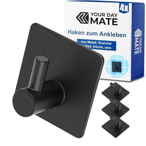 Edelstahl Haken zum Kleben, 4 Stück, in Schwarz, Klebehaken für Handtuch, Bademantel, Geschirrhandtuch, Handtuchhaken Badezimmer, Handtuchhalter Küche, Bademantelhaken, Handtuchhalterung selbstklebend