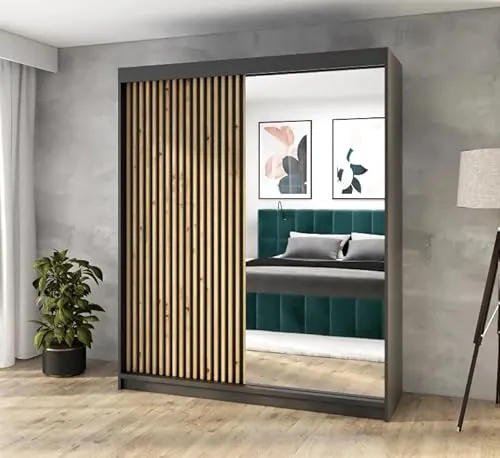A&J MöbelLand Schwebetürenschrank mit Spiegel - Schwebetürenschrank in Schwarz, ideal für Ihr Schlafzimmer! Geräumig mit 6 Regalen und 1 Kleiderstange. Wählen Sie zwischen 120 cm, 160 cm oder 180 cm Breite. Kostenlose Lieferung und Regale!