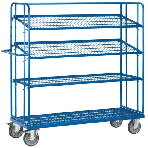 fetra Etagenwagen 4496 - 4 Böden, Tragkraft 500kg mit TPE-Reifen - Robuster Etagenwagen aus pulverbeschichtetem Stahlrohr, ideal für Lager und Werkstätten. Variabel einlegbare Böden und hohe Tragkraft von 500kg für effiziente Transporte.