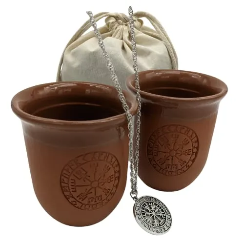Tonbecher Set Vegvisir - Keramik Becher mit Gravur, Mittelalter Kaffeebecher, 200 milliliters, Original Roter Ton