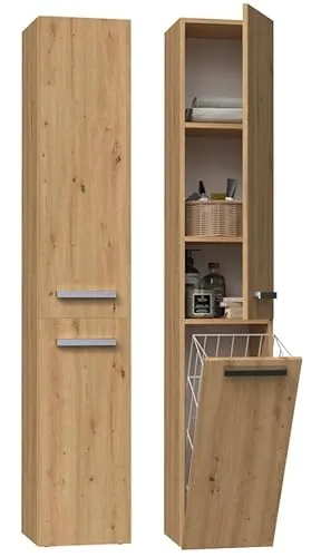 BDW - Badezimmer Schrank Hochschrank - Hoher Badschrank mit Wäschekorb - 174 x 31 x 30 cm - Wahl der Türöffnungsseite - Artisan Eiche
